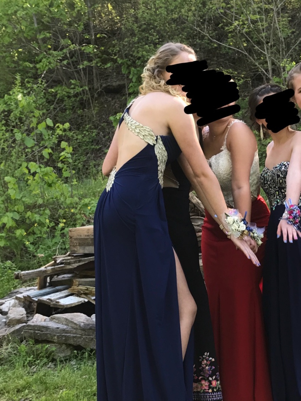 Navy One-Shoulder Prom Dress with Gold Embellishment